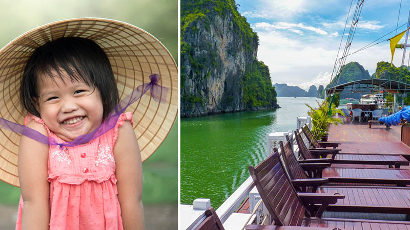 Vietnamesisk flicka och lyxbåt i Halongbukten i Vietnam.
